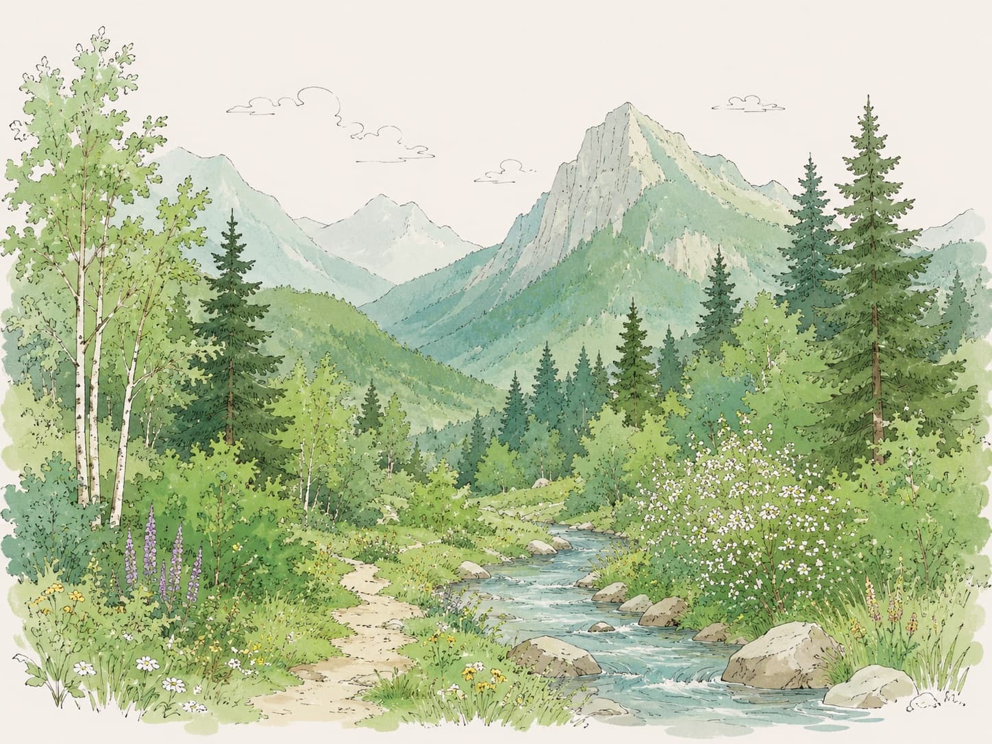 山と渓流の水彩イラスト